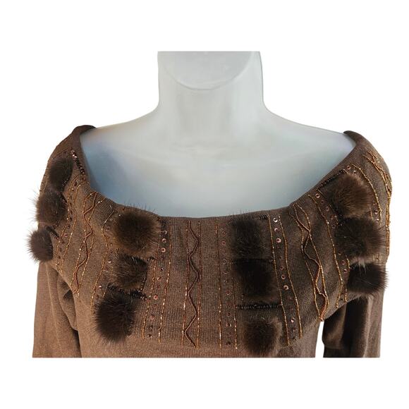 Escada Vintage Brown Faux Mink Knit Sweater Sz 8/10 Beaded Sequin Cowl Neck - Picture 5 of 6